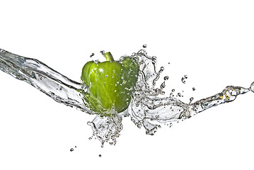 Image showing fresh water splash on green sweet pepper isolated on white