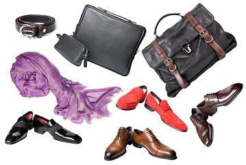 Image showing set of male shoes, accessories and bags isolated on white