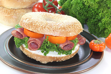 Image showing Bagel with salami