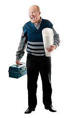 Image showing Confident man with toolbox and roll of canvas