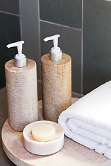 Image showing dispensers, soap and towel