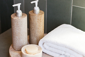 Image showing dispensers, soap and towel