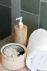 Image showing dispenser, bath salt and towel