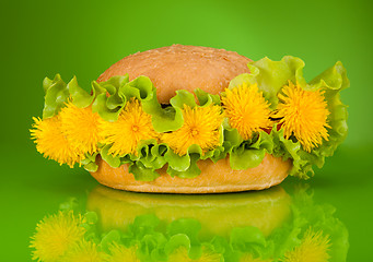 Image showing Spring menu special - Burger with dandelions