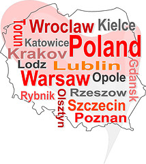 Image showing poland map and words cloud with larger cities