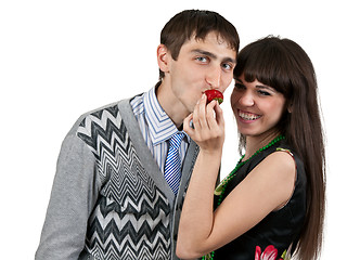 Image showing woman feeding man strawberries