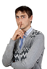 Image showing quiet man shows his finger