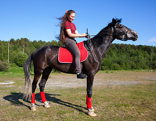 Image showing Girl on a horse with hair fluttering in the wind