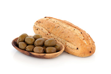 Image showing Olive Bread and Green Olives
