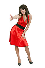 Image showing brunette girl in red dress shows OK