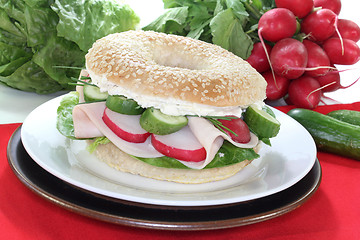 Image showing Bagel with turkey breast