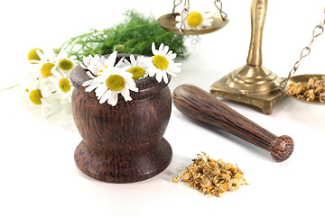 Image showing chamomile flowers with mortar and scales