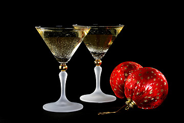 Image showing Champagne glasses and Christmas balls.