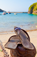 Image showing Summer concept, sandals by the beach