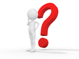 Image showing 3d guy thinking in front of a big question mark - Isolated