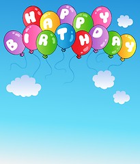 Image showing Happy birthday balloons on blue sky