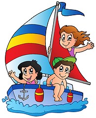 Image showing Yacht with three kids