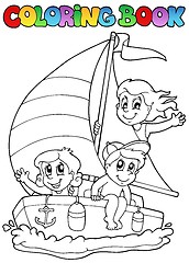 Image showing Coloring book with yacht and kids