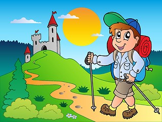 Image showing Cartoon hiker boy near castle