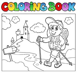 Image showing Coloring book with hiker boy