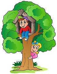 Image showing Tree with two cartoon kids