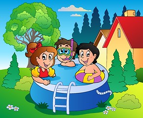 Image showing Garden with pool and cartoon kids