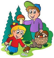 Image showing Kids picking up mushrooms