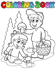 Image showing Coloring book with kids mushrooming