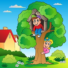 Image showing Garden with two kids and tree