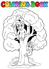 Image showing Coloring book with kids and tree