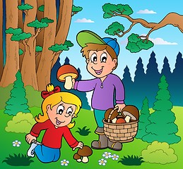 Image showing Forest with kids mushrooming