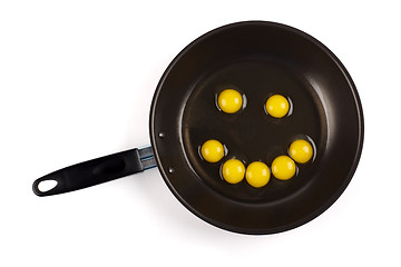 Image showing Quail eggs in pan forming smiley face