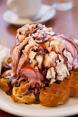 Image showing Waffles with ice cream and whipped cream