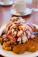 Image showing Waffles with ice cream and whipped cream