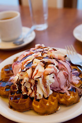 Image showing Waffles with ice cream and whipped cream