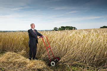 Image showing Businessman and his Lawn mower