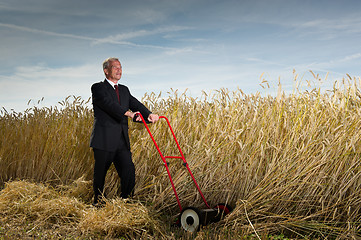 Image showing Businessman and his Lawn mower