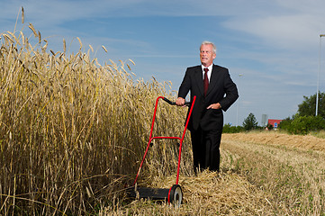 Image showing Businessman and his Lawn mower