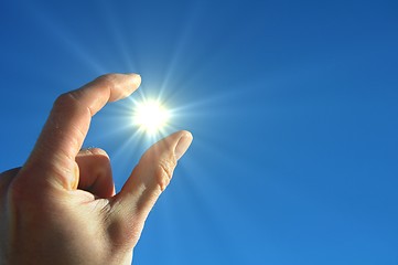 Image showing hand sun and blue sky