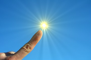 Image showing hand fingers sky and sun