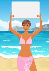 Image showing girl in bikini with banner on the beach