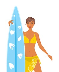 Image showing cool girl in yellow swimsuit with surfboard in her hand, isolate