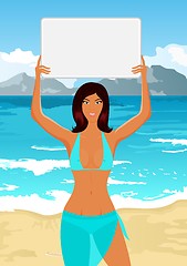 Image showing girl in bikini with banner on the beach