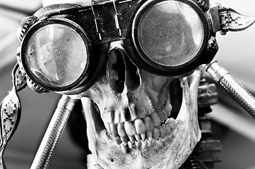 Image showing Human skull with insane look and goggles (robot)