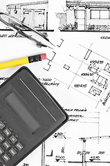 Image showing Calculator and pencil on construction plans