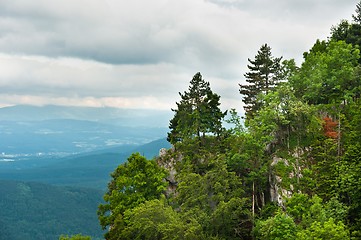 Image showing Beautiful mountains with lots of trees and clouds in background