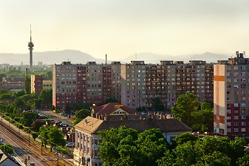 Image showing Suburbs of a city in europe with russian apartments