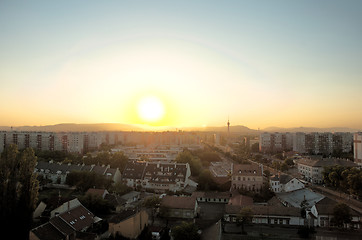 Image showing Wide angle shot of a european city with horizon