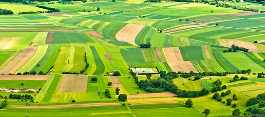 Image showing aerial view of green fields and slopes