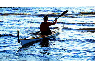 Image showing One man on canoe against sea wawes